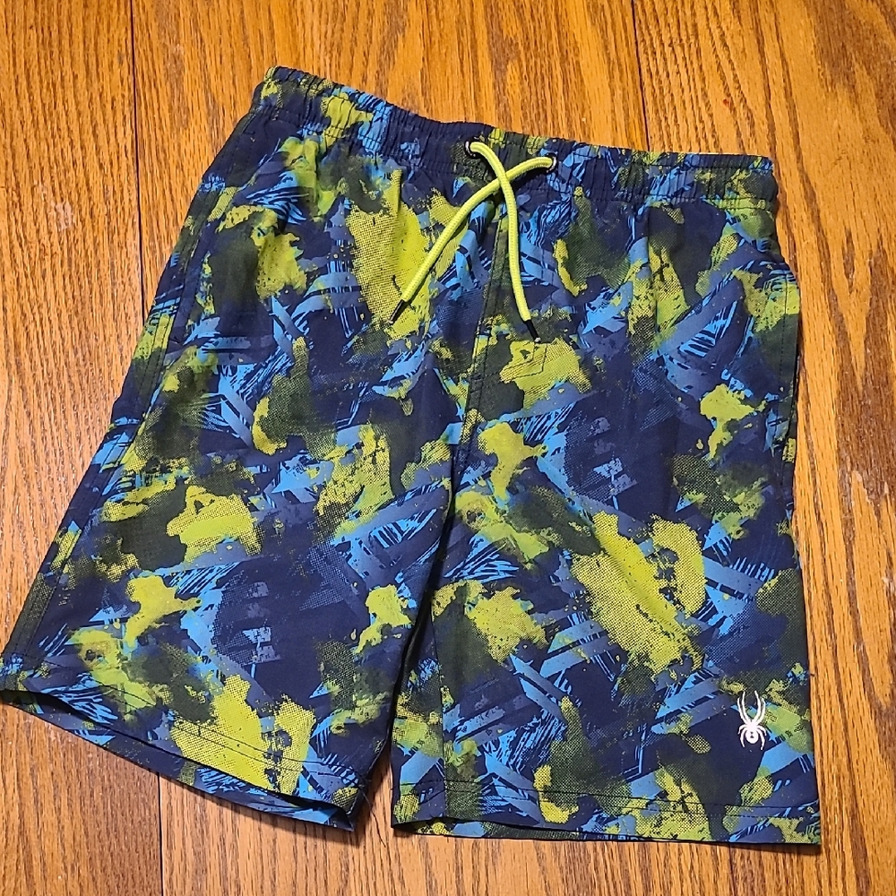 Spyder Black, Green & Blue Swim Trunks - Boy's Medium